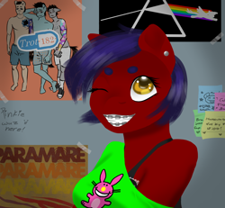 Size: 1300x1200 | Tagged: safe, artist:horsesrnaked, derpibooru import, oc, oc:fluffycuffs, anthro, earth pony, barely legal, bra, bra strap, braces, bright colors, clothes, ear piercing, earring, eyebrows, flashback, graffiti, it's happy bunny, jewelry, off shoulder shirt, one eye closed, piercing, poster, poster parody, scene kid, solo, sticky note, tape, underwear, wink