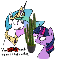 Size: 2063x2122 | Tagged: safe, artist:grilledcat, derpibooru import, princess celestia, twilight sparkle, alicorn, pony, unicorn, bust, cactus, duo, simple background, twilight sparkle is not amused, unamused, white background