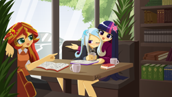 Size: 1920x1080 | Tagged: safe, artist:howxu, derpibooru import, sunset shimmer, trixie, twilight sparkle, equestria girls, blushing, book, bookshelf, booth, car, commission, cup, female, lesbian, notepad, one eye closed, open mouth, open smile, shipping, sitting, smiling, twixie, window