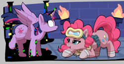 Size: 1482x764 | Tagged: safe, artist:pabbley, derpibooru import, pinkie pie, twilight sparkle, twilight sparkle (alicorn), alicorn, earth pony, pony, aggie.io, belt, crouching, dark magic, dungeon, female, friday night funkin', goggles, magic, mare, open mouth, pibby, simple background, smiling, spread wings, wings