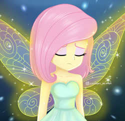 Size: 726x704 | Tagged: safe, artist:fluttershy_art.nurul, derpibooru import, fluttershy, equestria girls, bare shoulders, beautiful, beautiful x, cute, eyeshadow, fairy, fairy wings, female, makeup, pink hair, sad, shine, short hair, sleeveless, solo, strapless, wings