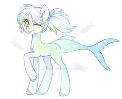 Size: 1024x829 | Tagged: safe, artist:miioko, derpibooru import, oc, oc only, original species, pony, shark, shark pony, :p, deviantart watermark, ear fluff, ears, obtrusive watermark, one eye closed, raised hoof, raised leg, simple background, solo, tongue, tongue out, watermark, white background, wink