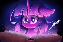 Size: 1280x854 | Tagged: safe, artist:natanvok, derpibooru import, twilight sparkle, pony, book, bust, colored pupils, ear fluff, ears, feather, female, floppy ears, horn, mare, quill, solo, sparkles