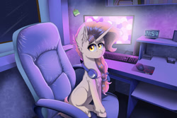 Size: 1280x854 | Tagged: safe, artist:natanvok, derpibooru import, oc, oc only, pony, unicorn, bookshelf, clock, computer, computer chair, computer mouse, computer screen, digital clock, evening, female, golden eyes, headphones, headset, horn, keyboard, long horn, looking at you, mare, microphone, mousepad, oc name needed, office chair, side view, solo, sticky note, unshorn fetlocks