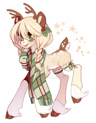 Size: 1024x1310 | Tagged: safe, artist:miioko, derpibooru import, oc, oc only, deer, pony, reindeer, antlers, clothes, cloven hooves, deviantart watermark, obtrusive watermark, scarf, simple background, solo, watermark, white background