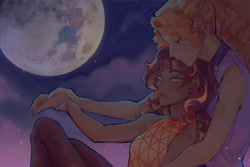 Size: 1800x1200 | Tagged: safe, artist:stummm, derpibooru import, adagio dazzle, sunset shimmer, equestria girls, bare shoulders, female, hug, lesbian, moon, night, shipping, sunsagio