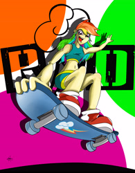 Size: 3694x4724 | Tagged: safe, artist:elstiv, derpibooru import, rainbow dash, human, :d, abstract background, clothes, female, humanized, open mouth, open smile, shoes, shorts, skateboard, smiling, solo