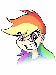 Size: 3543x4724 | Tagged: safe, artist:elstiv, derpibooru import, rainbow dash, human, bust, clothes, eyelashes, female, grin, humanized, simple background, smiling, solo, white background