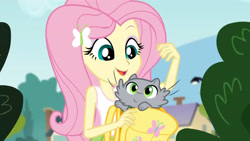 Size: 3410x1920 | Tagged: safe, derpibooru import, screencap, fluttershy, cat, equestria girls, friendship games, backpack, bare shoulders, clothes, female, hairpin, high res, open mouth, open smile, sleeveless, smiling, tanktop