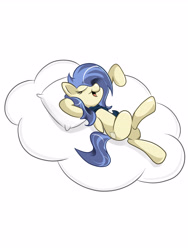 Size: 3543x4724 | Tagged: safe, artist:elstiv, derpibooru import, oc, oc only, pegasus, pony, cloud, eyes closed, hair over one eye, on a cloud, pegasus oc, pillow, relaxing, simple background, solo, white background, wings