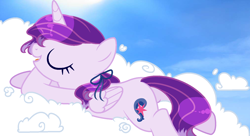 Size: 1498x813 | Tagged: safe, artist:stormcloud-yt, derpibooru import, oc, oc only, alicorn, pony, alicorn oc, base used, butt, cloud, eyelashes, eyes closed, female, horn, mare, on a cloud, outdoors, plot, sleeping, solo, wings