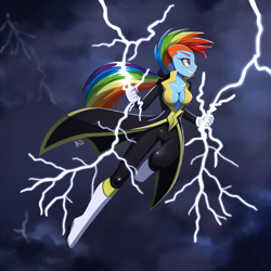 Size: 1280x1280 | Tagged: safe, artist:howxu, derpibooru import, rainbow dash, equestria girls, absolute cleavage, blushing, breasts, cleavage, clothes, cloud, commission, costume, female, flying, gloves, gritted teeth, lightning, rainboob dash, shoes, smiling, solo, superhero, thunder