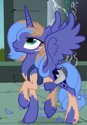 Size: 1091x1559 | Tagged: safe, artist:anonymous, derpibooru import, princess luna, alicorn, human, pony, clothes, eye color change, human to pony, s1 luna, shorts, show accurate, solo, species swap, spread wings, torn clothes, transformation, vest, wings