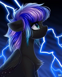 Size: 2500x3100 | Tagged: safe, artist:hakaina, derpibooru import, oc, oc only, pegasus, pony, chest fluff, ears, floppy ears, freckles, lightning, solo