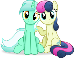 Size: 4465x3460 | Tagged: safe, artist:anime-equestria, derpibooru import, bon bon, lyra heartstrings, sweetie drops, earth pony, pony, unicorn, grannies gone wild, duo, female, horn, looking at you, mare, simple background, sitting, smiling, transparent background, vector