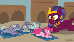 Size: 3840x2160 | Tagged: safe, artist:rupertbluefox, derpibooru import, limestone pie, marble pie, maud pie, pinkie pie, sphinx (character), earth pony, pony, sphinx, behaving like a cat, blushing, cute, desert, diapinkes, eyes closed, female, group, limabetes, limetsun pie, looking away, lying down, marblebetes, mat, maudabetes, on stomach, pie sisters, pouting, prone, siblings, sisters, smiling, sphinxdorable, sploot, tsundere, yoga mat