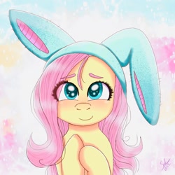 Size: 1024x1024 | Tagged: safe, artist:galaxy swirl, derpibooru import, fluttershy, pegasus, pony, abstract background, blushing, bunny ears, bust, cute, daaaaaaaaaaaw, female, full face view, hooves to the chest, looking at you, mare, one ear down, shyabetes, smiling, solo, stray strand, weapons-grade cute