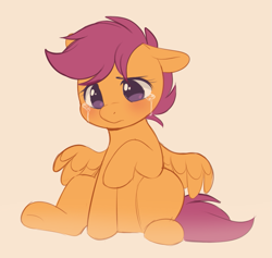 Size: 759x720 | Tagged: safe, artist:higglytownhero, derpibooru import, scootaloo, pegasus, pony, crying, female, filly, foal, full body, hooves, pink background, raised hoof, raised leg, sad, simple background, sitting, solo, wings