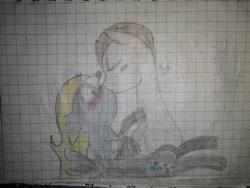 Size: 3968x2976 | Tagged: safe, artist:pashkek, derpibooru import, derpy hooves, ditzy doo, doctor whooves, pegasus, pony, blushing, doctorderpy, female, graph paper, heart, kissing, male, photo, shipping, straight, surprised, text, traditional art