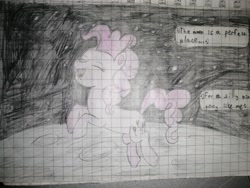 Size: 3968x2976 | Tagged: safe, artist:pashkek, derpibooru import, pinkie pie, pony, comic:friendless moon, blue eyes, graph paper, happy, jumping, moon, singing, smiling, solo, space, text, traditional art