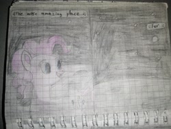 Size: 3968x2976 | Tagged: safe, artist:pashkek, derpibooru import, pinkie pie, pony, comic:friendless moon, blue eyes, graph paper, looking back, moon, singing, solo, space, text, traditional art