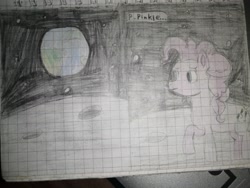 Size: 3968x2976 | Tagged: safe, artist:pashkek, derpibooru import, pinkie pie, pony, comic:friendless moon, blue eyes, earth, graph paper, moon, singing, solo, space, text, traditional art