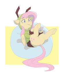 Size: 3200x3600 | Tagged: safe, artist:vanillaghosties, derpibooru import, fluttershy, pegasus, pony, antonymph, beanbag chair, blush sticker, blushing, clothes, female, fluttgirshy, folded wings, gamershy, gir, high res, hoodie, hoof hold, invader zim, looking at something, lying down, mare, mouth hold, nintendo ds, on back, reclining, smiling, solo, stylus, vylet pony, wings