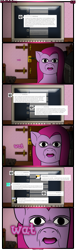 Size: 1245x4074 | Tagged: safe, artist:underwoodart, derpibooru import, pinkie pie, oc, oc:kumquat, earth pony, pony, timber wolf, ask pink-pony, blurry background, computer, door, keyboard, meme, monitor, pinkamena diane pie, tumblr, tumblr comic, wat