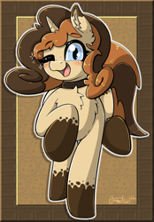 Size: 940x1348 | Tagged: safe, artist:llametsul, derpibooru import, oc, oc only, oc:creme cookie, pony, unicorn, blushing, chest fluff, choker, cute, ear fluff, ears, female, freckles, looking at you, mare, one eye closed, open mouth, open smile, raised hoof, raised leg, smiling, smiling at you, solo, white outline, wink, winking at you
