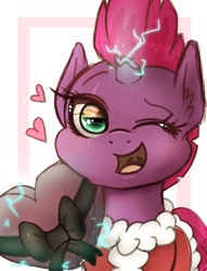 Size: 1529x1998 | Tagged: safe, artist:phoenixrk49, derpibooru import, fizzlepop berrytwist, tempest shadow, pony, unicorn, broken horn, christmas, clothes, costume, cute, eye reflection, female, heart, holiday, horn, looking at you, mare, one eye closed, open mouth, open smile, reflection, ribbon, santa costume, smiling, smiling at you, solo, tempestbetes, wink, winking at you