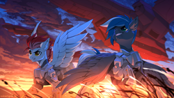 Size: 2500x1406 | Tagged: safe, artist:redchetgreen, derpibooru import, oc, oc only, oc:cloud zapper, oc:swift apex, pegasus, pony, aircraft, armor, badass, halo (series), sky, sunset