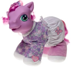 Size: 500x471 | Tagged: safe, derpibooru import, earth pony, pony, g3, baby, baby pony, clothes, cute, diaper, electronic toy, female, filly, foal, g3 petalbetes, heart, heart hoof, official, pajamas, petal dove, simple background, smiling, so soft, solo, toenails, toy, underhoof, white background