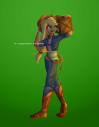 Size: 3111x4000 | Tagged: safe, alternate version, artist:wenraz, derpibooru import, applejack, human, applejack's hat, boots, box, clothes, cowboy boots, cowboy hat, cute, denim, female, freckles, green background, hat, humanized, jackabetes, jeans, lasso, open mouth, pants, rope, shirt, shoes, simple background, solo, t-shirt, vest