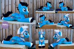 Size: 2200x1454 | Tagged: safe, artist:meplushyou, derpibooru import, oc, oc:enduro elite, pegasus, pony, clothes, helmet, irl, lying down, male, photo, plushie, prone, socks, solo, stallion, striped socks