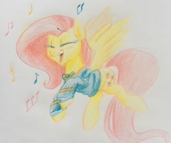 Size: 1280x1069 | Tagged: safe, artist:kluzart, derpibooru import, fluttershy, pony, music notes, ponytones outfit, solo, traditional art