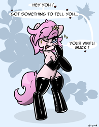Size: 1112x1426 | Tagged: safe, artist:n-o-n, derpibooru import, oc, oc only, oc:kayla, earth pony, pony, bipedal, blushing, clothes, dialogue, eyebrows, eyebrows visible through hair, female, flower, gloves, grammar error, heart, latex, latex gloves, latex socks, looking at you, mare, one eye closed, open mouth, open smile, smiling, smiling at you, socks, solo, talking to viewer, trade, waifu, wink