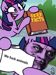 Size: 449x600 | Tagged: safe, edit, twilight sparkle, pony, book, dat face soldier, ed edd n eddy, meme, serbia, solo, truth meme, twilight's fact book