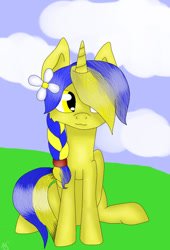 Size: 518x763 | Tagged: safe, artist:margosai666, derpibooru import, oc, oc:ukraine, pony, unicorn, grass, nation ponies, ponified, sitting, sky, solo, ukraine