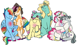 Size: 2008x1181 | Tagged: safe, artist:lieutenantcactus, derpibooru import, fluttershy, marble pie, pinkie pie, rainbow dash, scootaloo, zephyr breeze, earth pony, pegasus, pony, alternate design, brother and sister, coat markings, colored hooves, colored wings, female, fraternal twins, hug, male, mare, multicolored hooves, multicolored wings, older, older scootaloo, pie sisters, pie twins, rainbow wings, siblings, simple background, sisters, stallion, twin sisters, twins, white background, wings