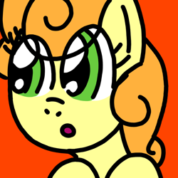 Size: 768x768 | Tagged: safe, artist:danielthebrony57, derpibooru import, carrot top, golden harvest, earth pony, pony, g4, :o, background pony, cute, cutie top, danielthebrony57's looking up ponies, female, hooves, looking up, mare, meme, o, o mouth, open mouth, orange background, simple background, solo, that was fast