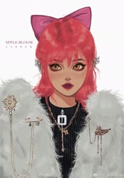 Size: 1640x2360 | Tagged: safe, artist:chenchuanerandrew, derpibooru import, apple bloom, human, apple bloom's bow, bow, clothes, coat, ear piercing, earring, eyeshadow, female, freckles, fur coat, hair bow, humanized, jewelry, lip piercing, lipstick, makeup, necklace, older, older apple bloom, piercing, simple background, solo, sweater, white background