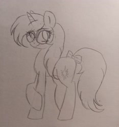 Size: 3456x3706 | Tagged: safe, artist:nightydream, derpibooru import, oc, oc only, oc:shadow twinkle, unicorn, bow, female, glasses, mare, solo, tail, tail bow, traditional art