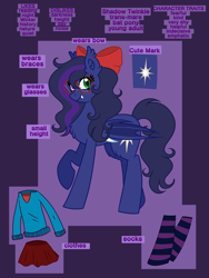 Size: 3456x4608 | Tagged: safe, artist:nightydream, derpibooru import, oc, oc only, oc:shadow twinkle, bat pony, pony, bow, chest fluff, clothes, female, freckles, glasses, hair bow, mare, reference sheet, socks, solo, striped socks, thigh highs