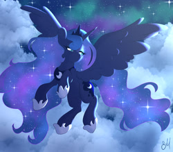 Size: 1600x1401 | Tagged: safe, artist:marietably, derpibooru import, princess luna, alicorn, pony, cloud, ethereal mane, female, flying, mare, night, sky, solo, spread wings, starry mane, starry night, stars, wings
