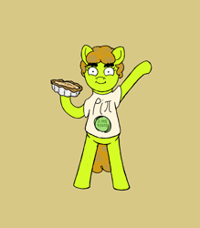 Size: 1750x2000 | Tagged: safe, artist:potatoconnoisseur, derpibooru exclusive, derpibooru import, oc, oc only, oc:up beet, earth pony, pony, bipedal, eyebrows, female, food, looking at you, mare, pi, pi day, pie, simple background, smiling, solo
