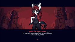 Size: 2018x1135 | Tagged: safe, artist:lonerdemiurge_nail, derpibooru import, oc, oc only, anthro, demon, demon pony, helltaker, solo