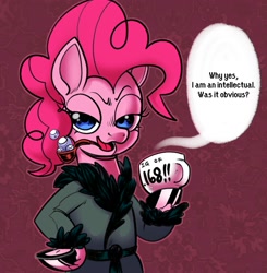 Size: 1960x2000 | Tagged: safe, artist:swagstapiece, derpibooru import, pinkie pie, earth pony, pony, abstract background, bubble pipe, clothes, cup, female, hoof hold, iq, mare, open mouth, pipe, robe, solo, speech bubble, talking to viewer, teacup, unshorn fetlocks