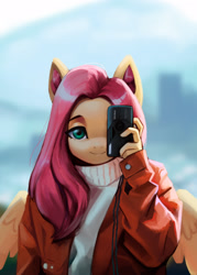 Size: 2075x2902 | Tagged: safe, artist:mrscroup, derpibooru import, fluttershy, anthro, pegasus, camera, female, jacket, looking at you, mare, one eye covered, smiling, smiling at you, solo