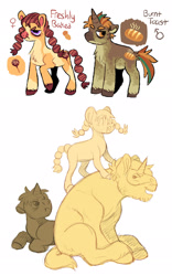 Size: 1280x2048 | Tagged: safe, artist:mylittlegami, derpibooru import, donut joe, oc, oc:burnt toast, oc:freshyly baked, earth pony, pony, unicorn, brother and sister, colt, father and child, female, filly, foal, male, offspring, parent and child, parent:donut joe, siblings, simple background, stallion, white background