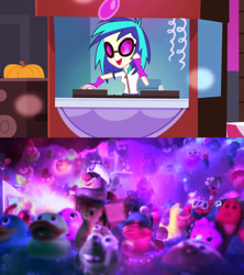 Size: 1280x1440 | Tagged: safe, artist:chanyhuman, derpibooru import, dj pon-3, vinyl scratch, human, equestria girls, bath water, concert, description is artwork too, female, link in description, meme, performer, pixar, rave, sunglasses, toy, toy story, youtube link in the description